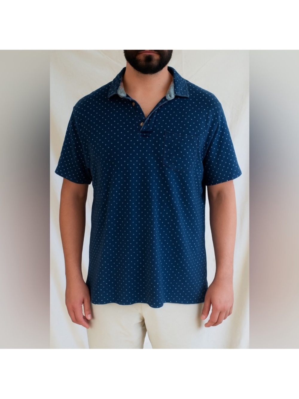 Tailor Vintage navy blue polo with white polka dots